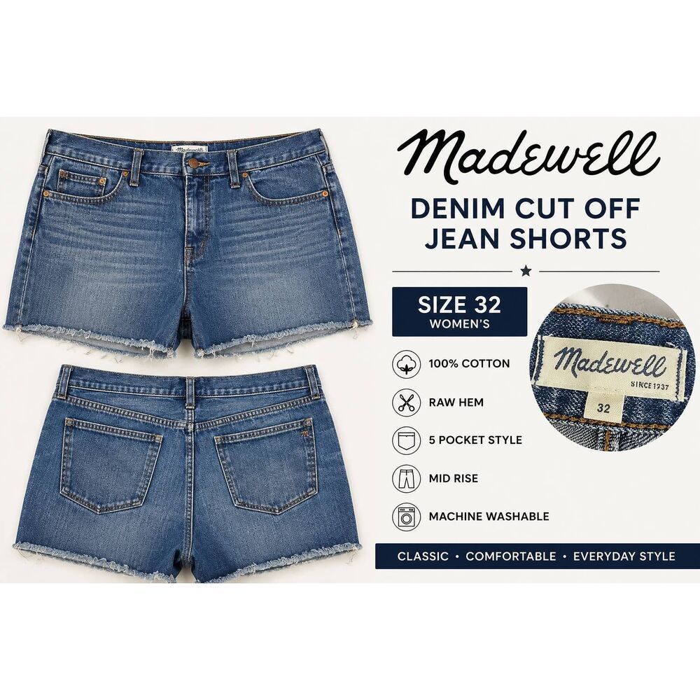 Madewell Denim Cut Off Jean Shorts Women's Size 32 Blue Mid Rise Raw Hem